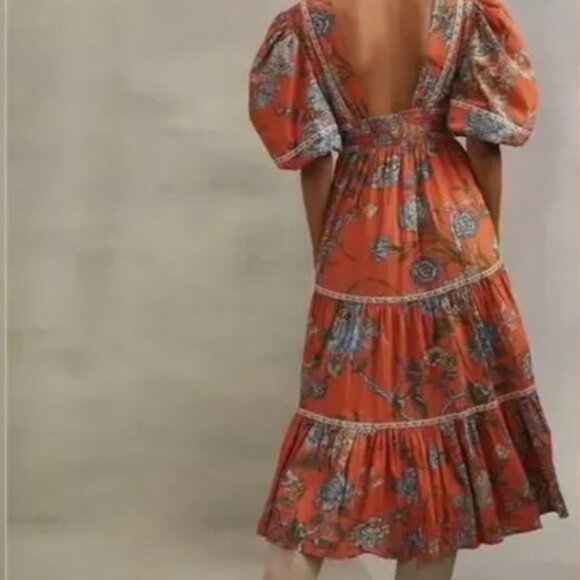 NWT Anthropologie Love the Label Mabel Puff Sleeve Floral Wanda Orange, Small - Picture 3 of 7
